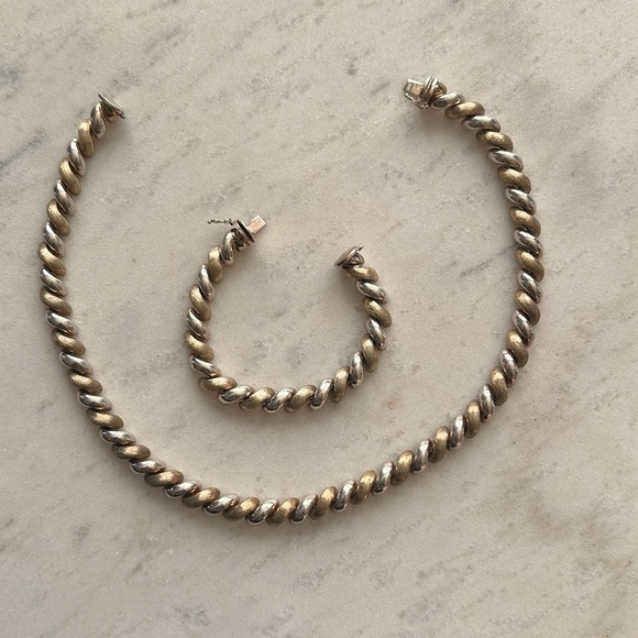 Vintage Jewelry - VTG Signed Italy Sterling .925 San Marco Macaroni Textured Necklace Bracelet Set
